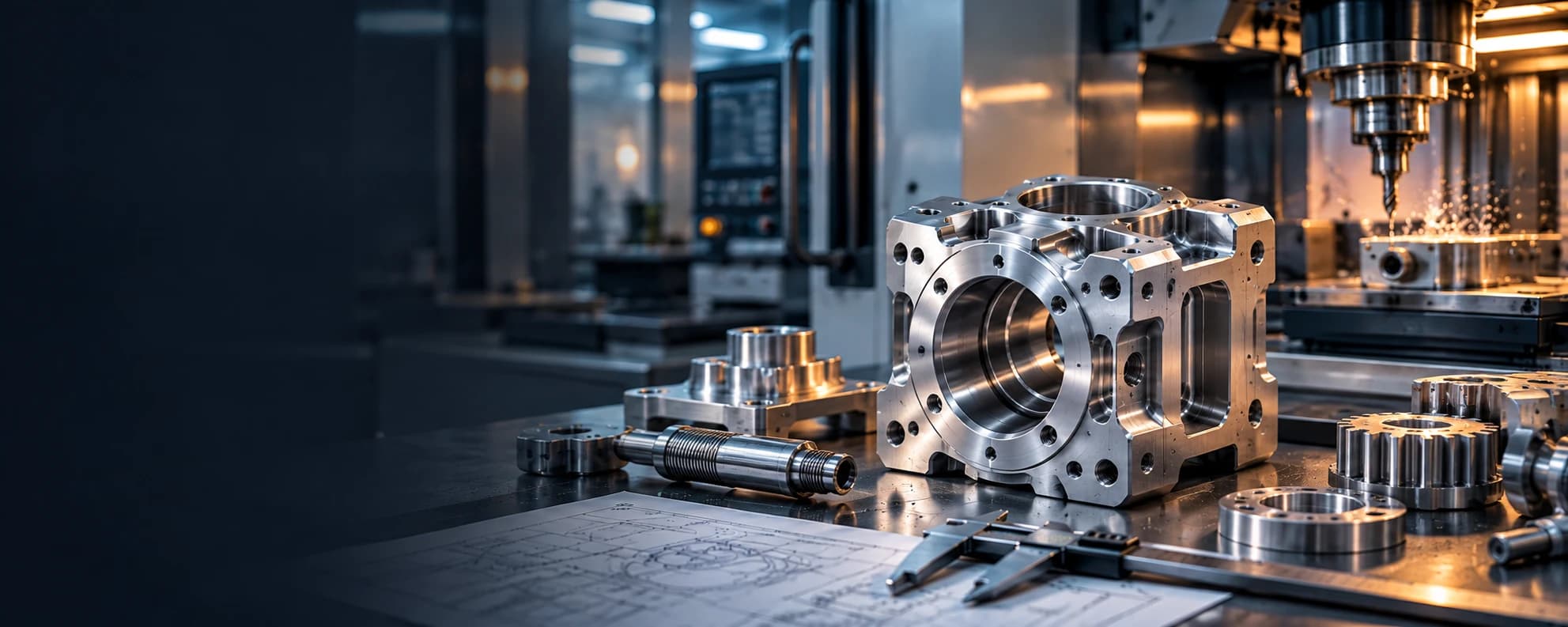 A machined aluminium housing, a turned shaft and cut gears on a machine table, with a mill cutting behind them